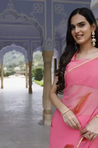   Pink hand painted floral chiffon saree with blouse