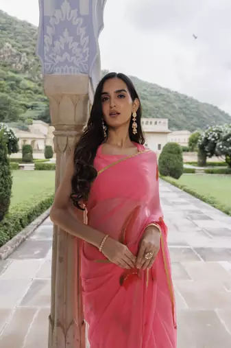   Pink hand painted floral chiffon saree with blouse
