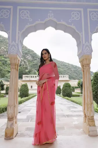   Pink hand painted floral chiffon saree with blouse