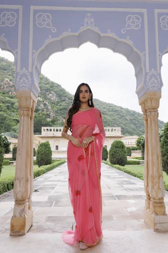 Geroo Jaipur Pink hand painted floral chiffon saree with blouse