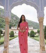 Geroo Jaipur Pink hand painted floral chiffon saree with blouse