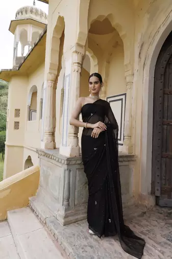 Black mukaish hand embroidered chiffon saree with blouse