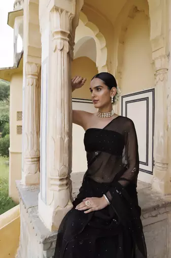 Black mukaish hand embroidered chiffon saree with blouse