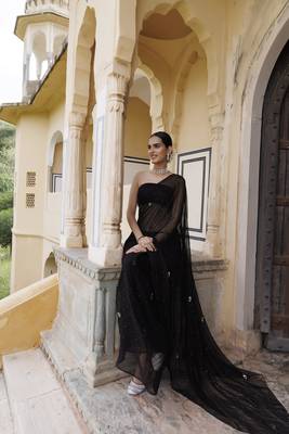 Black mukaish hand embroidered chiffon saree with blouse 4