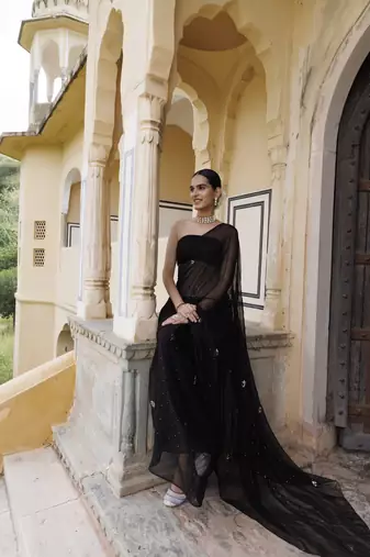 Black mukaish hand embroidered chiffon saree with blouse