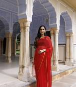 Geroo Jaipur Red hand dyed plain chiffon saree with jacquard blouse