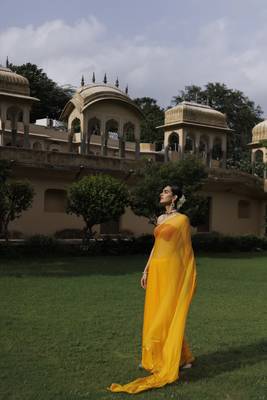   Yellow hand dyed plain chiffon saree with jacquard blouse 4