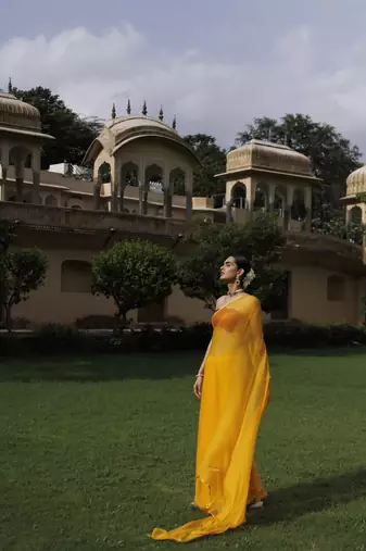   Yellow hand dyed plain chiffon saree with jacquard blouse