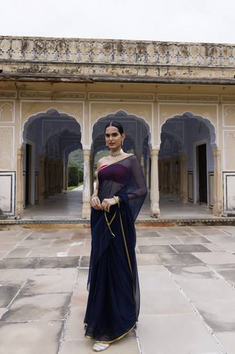 Geroo Jaipur Navy blue hand dyed plain chiffon saree with jacquard blouse