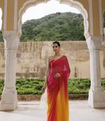 Geroo Jaipur Yellow red shaded hand dyed plain chiffon saree with jacquard blouse