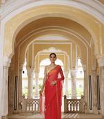 Geroo Jaipur Cherry pink hand dyed plain chiffon saree with jacquard blouse