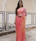 Geroo Jaipur Peach shaded hand painted floral chiffon saree with blouse