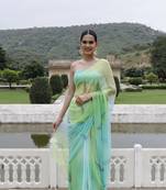 Geroo Jaipur Green shaded hand painted floral chiffon saree with blouse