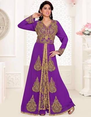 Purple Zari & Stone Work Stitched Satan Kaftan Wedding Dress 3