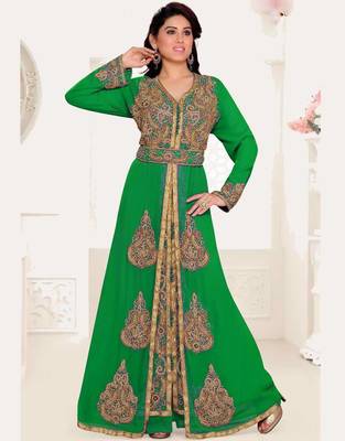 Green Zari & Stone Work Stitched Satan Kaftan Wedding Dress 3