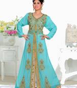 Sea Green Zari & Stone Work Stitched Satan Kaftan Wedding Dress