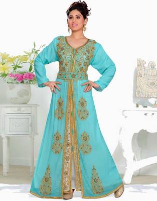 Sea Green Zari & Stone Work Stitched Satan Kaftan Wedding Dress 2