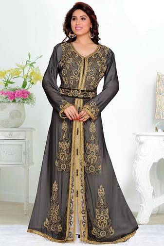 Grey-White Zari & Stone Work Stitched Satan Kaftan Wedding Dress