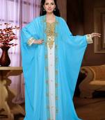 Sky Blue-White Zari & Stone Work Stitched Satan Kaftan Wedding Dress