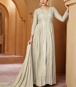 Beige mirror georgette semi-stitch lucknowi style party wear dress with dupatta