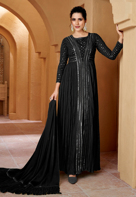 Black mirror georgette semi-stitch lucknowi style party wear dress with dupatta 1
