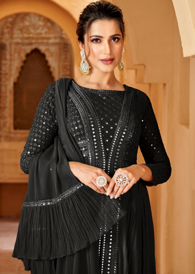 Black mirror georgette semi-stitch lucknowi style party wear dress with dupatta 2