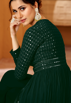 Green mirror georgette semi-stitch lucknowi style party wear dress with dupatta 2