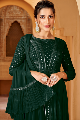 Green mirror georgette semi-stitch lucknowi style party wear dress with dupatta 3