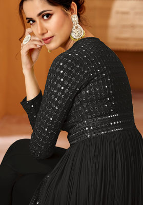 Black mirror georgette semi-stitch lucknowi style party wear dress with dupatta 4