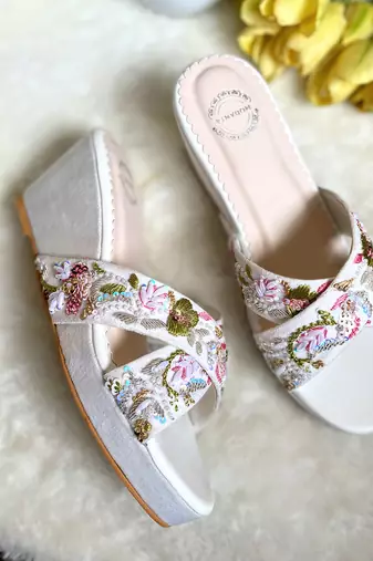 White embroidered wedges