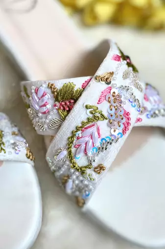 White embroidered wedges