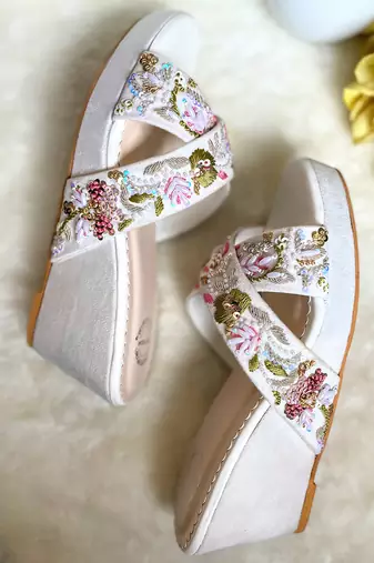 White embroidered wedges