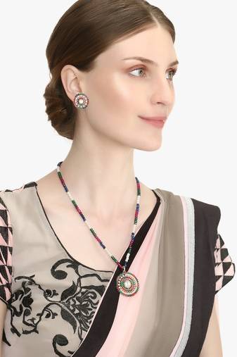 Gold plated multi stone-studded circular pendent set with chain