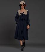 Beige & navy blue bow skirt set