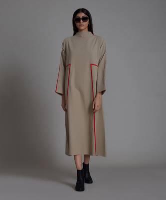 Beige & red piping dress 1