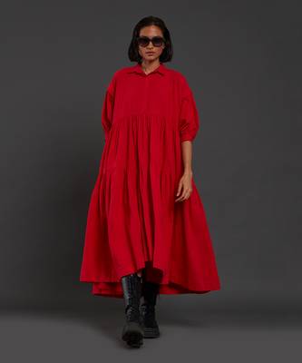 Red tiered shirt dress 1
