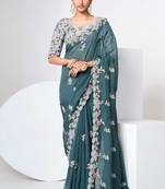 Fusionic Olive Embroidered Organza-Sarees With Blouse