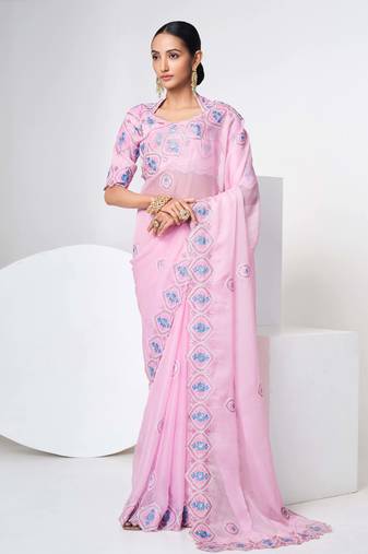 Fusionic Light_Pink Embroidered Organza-Sarees With Blouse