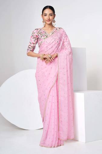 Fusionic Light_Pink Embroidered Organza-Sarees With Blouse