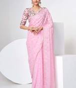 Fusionic Light_Pink Embroidered Organza-Sarees With Blouse