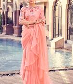 Fusionic Peach Embroidered Organza-Sarees With Blouse