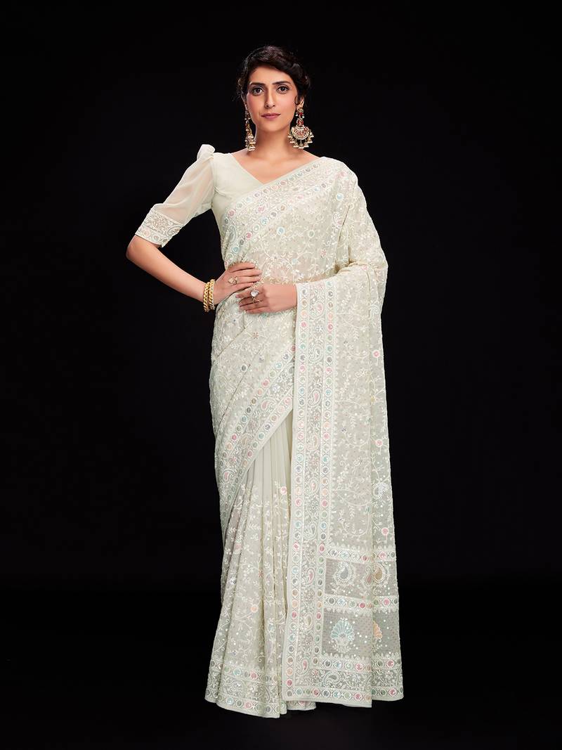 Fusionic ivory embroidered georgette-sarees with blouse