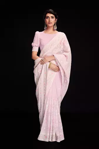 Fusionic Pink Embroidered Georgette-Sarees With Blouse