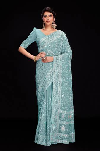 Fusionic blue embroidered georgette-sarees with blouse