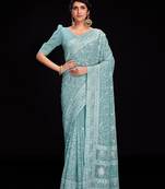 Fusionic blue embroidered georgette-sarees with blouse