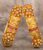 Rajwadi Plated Embellished Ruby Stone & Pearls Bangles Set For Women And Girls (Set of 2)