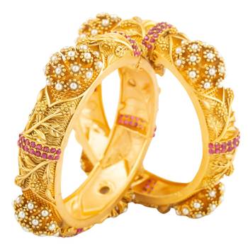 Rajwadi Plated Embellished Ruby Stone & Pearls Bangles Set For Women And Girls (Set of 2) 2