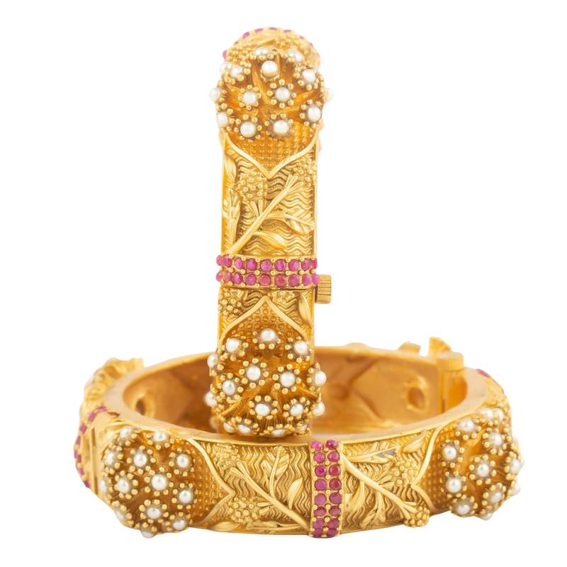 Rajwadi Plated Embellished Ruby Stone & Pearls Bangles Set For Women And Girls (Set of 2)