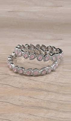 Rhodium Plated Pink Stone American Diamond Bangles BD619 1