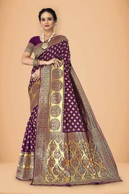 Purple woven silk blend banarasi womens saree with blouse 1
